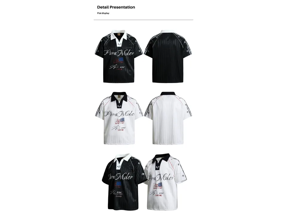 Front and back views of the black and white polo shirts.