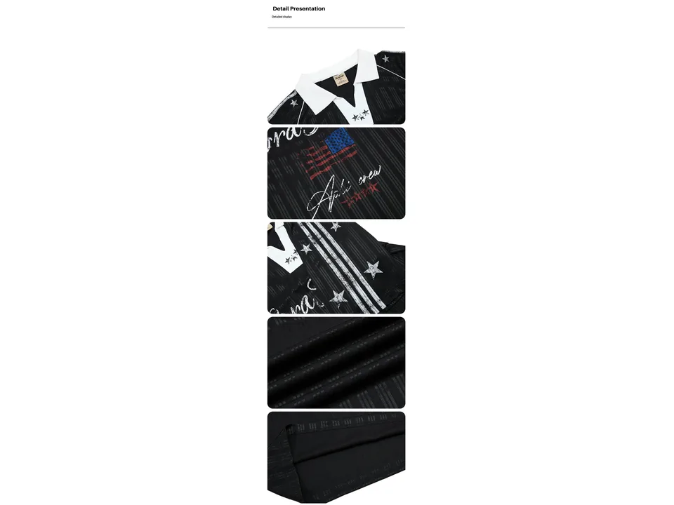 Close-up details of the black polo shirt showing the collar, graphic print, and fabric texture.