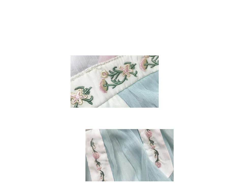 Close-up view of the floral embroidery on the pet Hanfu dress.