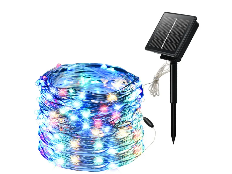 Multicolor solar powered copper wire string lights with a solar panel stake.