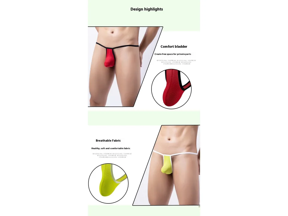 Model wearing red and yellow mesh thong underwear, showing the fit and fabric texture.
