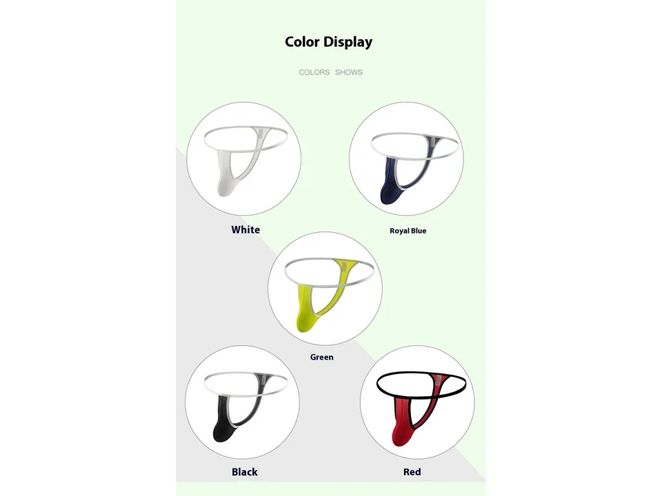 Five different colors of the men's mesh thong underwear arranged in a circle.