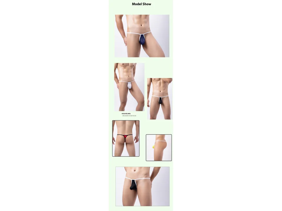 Collage of a model wearing the mesh thong underwear in various colors and angles.
