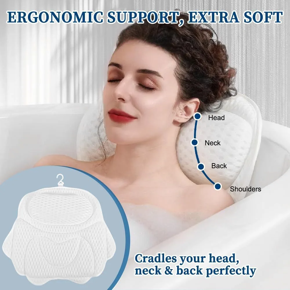 Ergonomic Bathtub Pillow for Neck and Back Support, 4D Mesh Bath Cushion