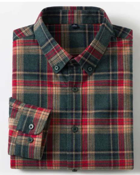 Men's Long Sleeve Plaid Button-Down Shirt, Thickened Cotton Casual Vintage Top