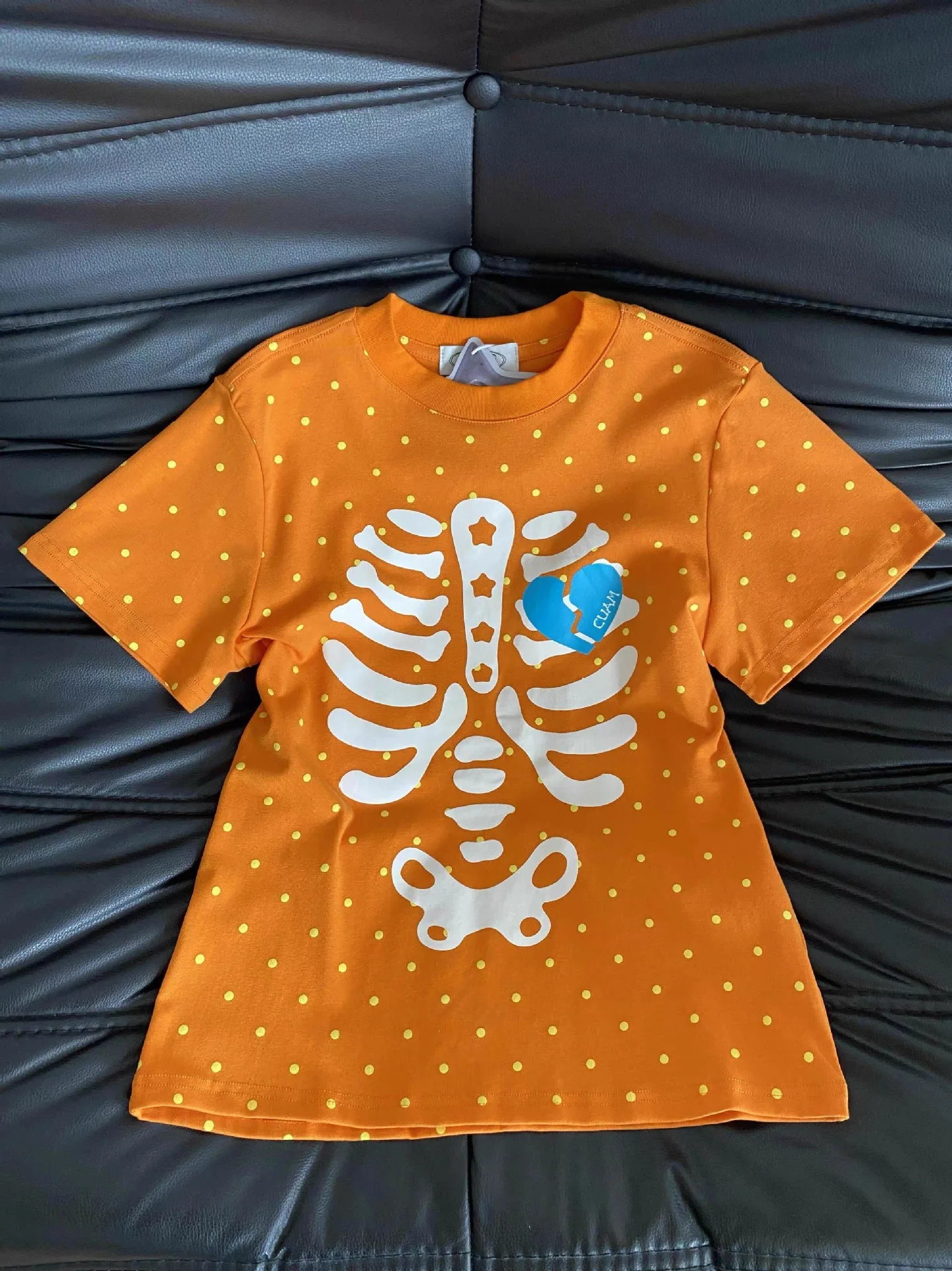 Short-Sleeve Crew Neck T-Shirt with Skeleton and Polka Dot Print