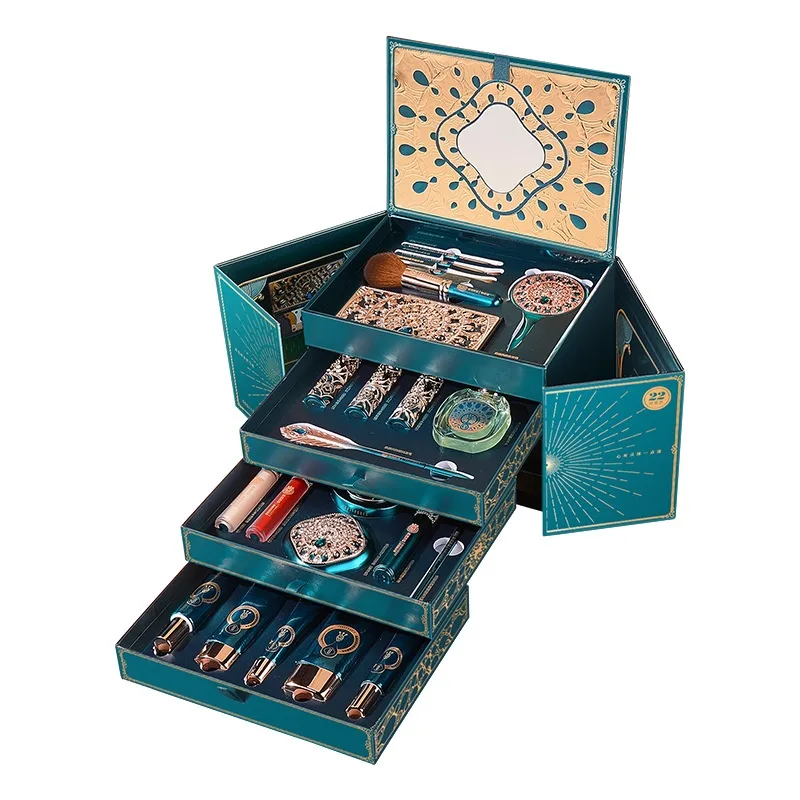 22-Piece Oriental Style Makeup and Skincare Gift Set with Vanity Mirror and Cosmetic Brushes
