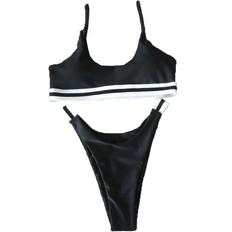 Women's Two-Piece Triangle Bikini Swimsuit with Striped Trim