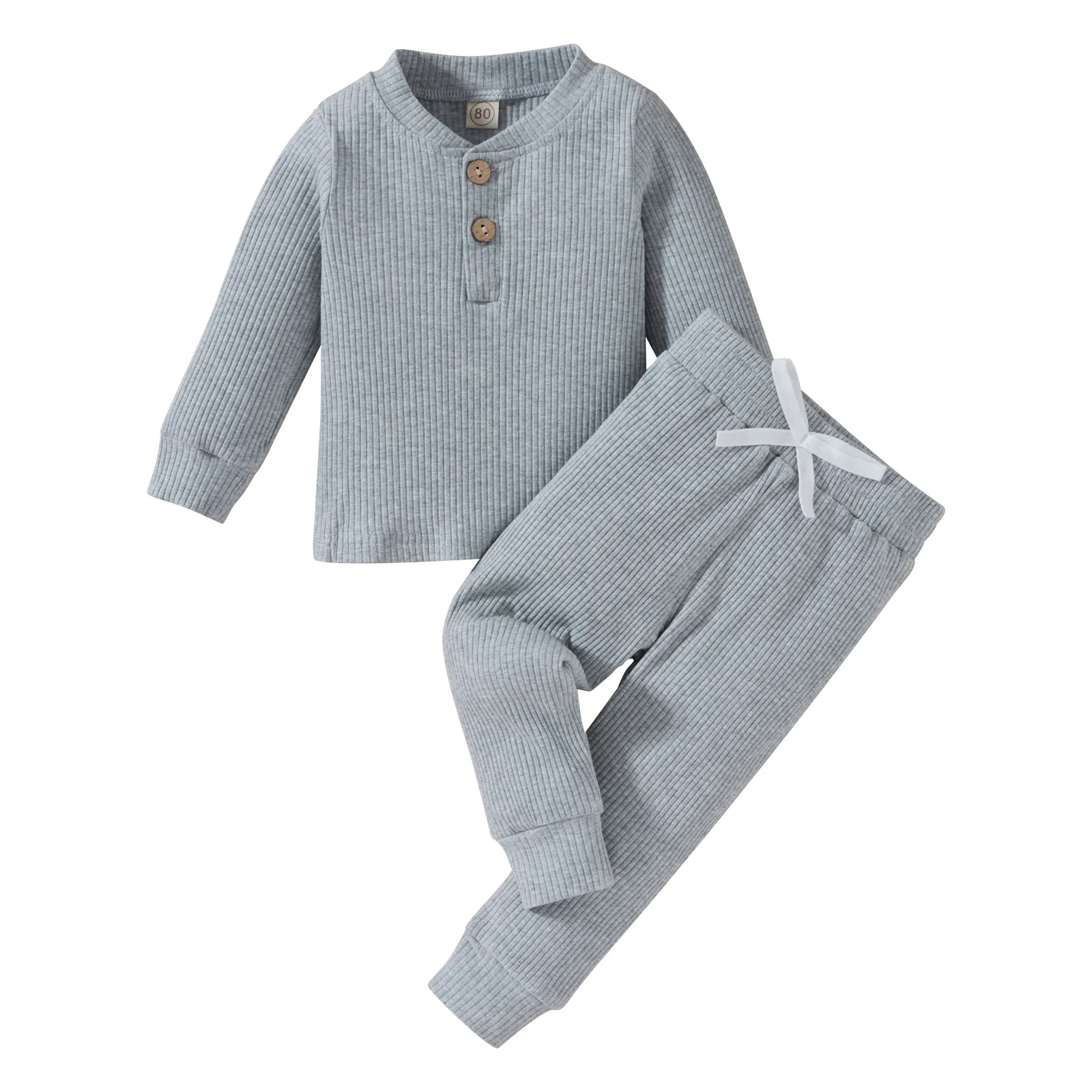 Children's Ribbed Cotton Two-Piece Long Sleeve Top and Pants Set