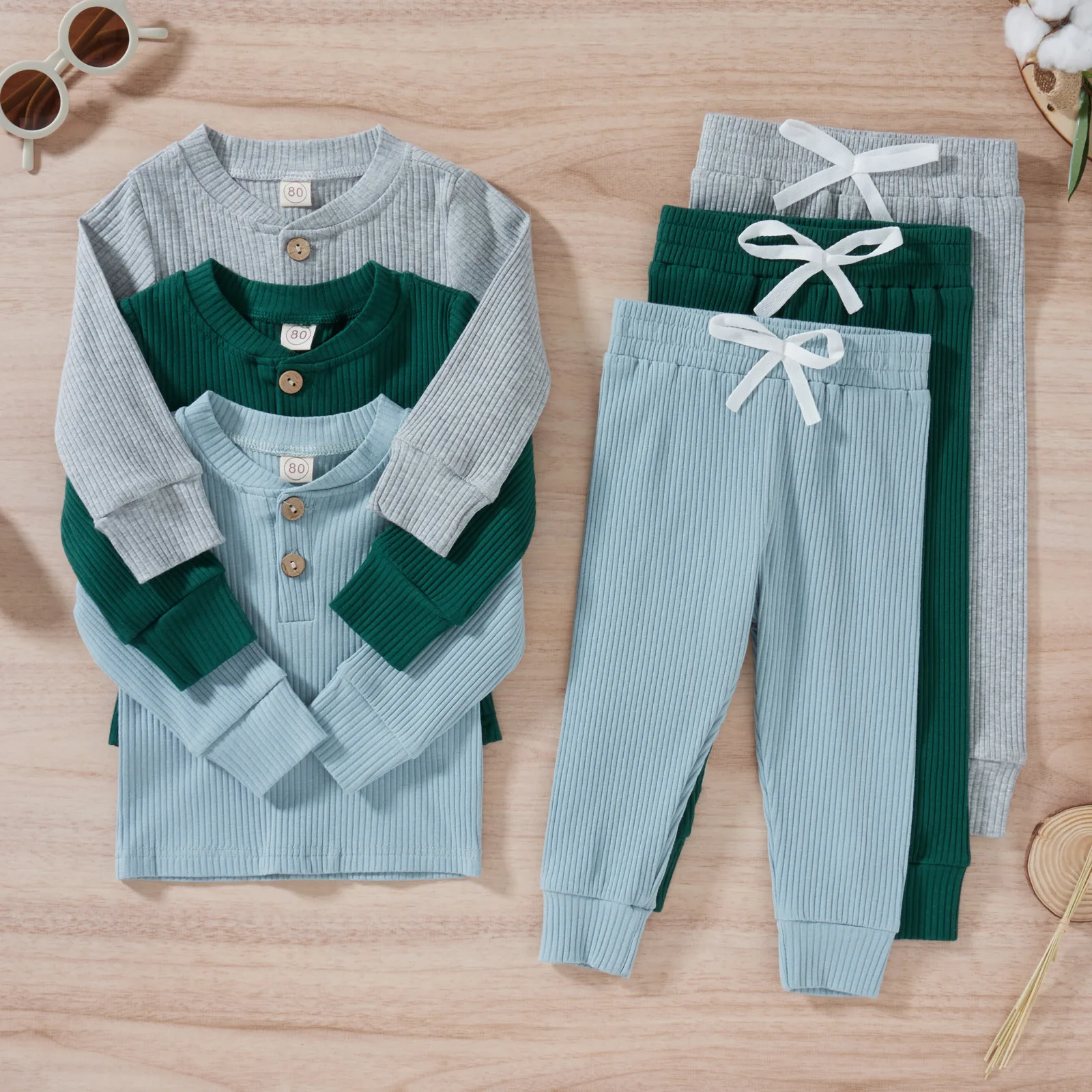 Children's Ribbed Cotton Two-Piece Long Sleeve Top and Pants Set