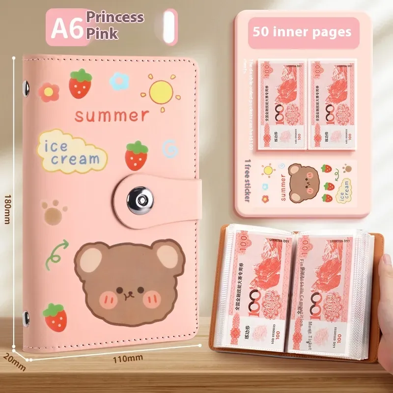 Cash Savings Book - PU Cover Budget Binder, 100 to 200 Pages — Pink Summer Bear