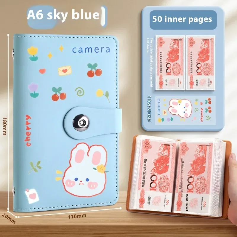 Cash Savings Book - PU Cover Budget Binder, 100 to 200 Pages — Sky Blue Cute Rabbit