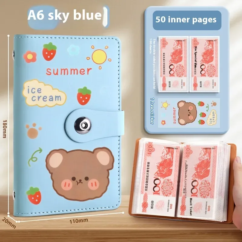 Cash Savings Book - PU Cover Budget Binder, 100 to 200 Pages — Sky Blue Summer Bear