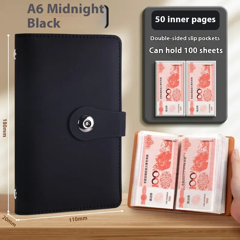 Cash Savings Book - PU Cover Budget Binder, 100 to 200 Pages — Pure Black
