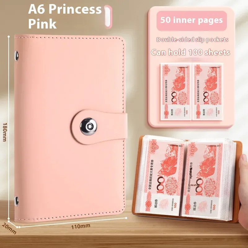 Cash Savings Book - PU Cover Budget Binder, 100 to 200 Pages — Pure Pink
