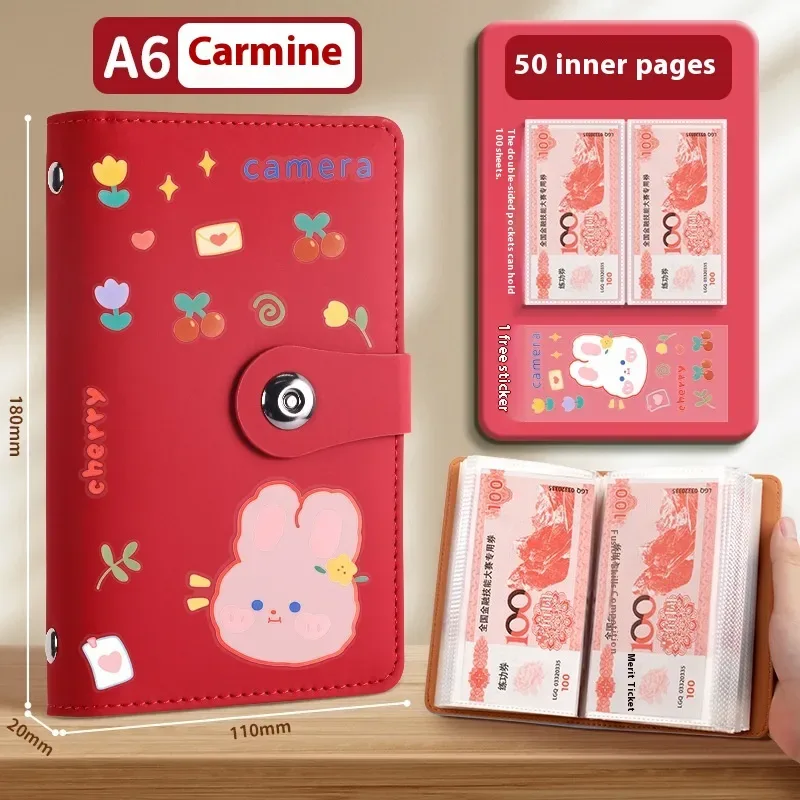 Cash Savings Book - PU Cover Budget Binder, 100 to 200 Pages — Red Cute Rabbit