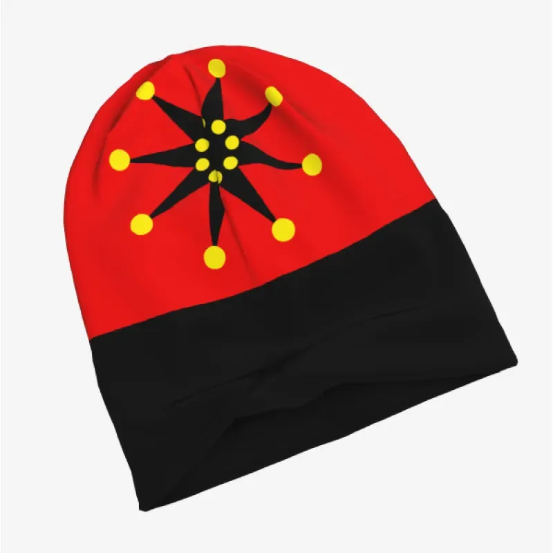 Knitted Tam Beanie - Flag Letter Pattern, Double Elastic, Adult and Child — Red and Black with Star, Adult Size