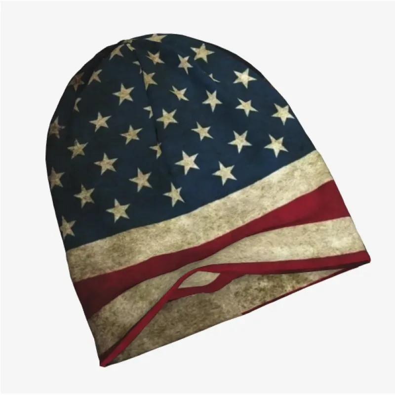 Knitted Tam Beanie - Flag Letter Pattern, Double Elastic, Adult and Child — United States - Vintage, Adult Size