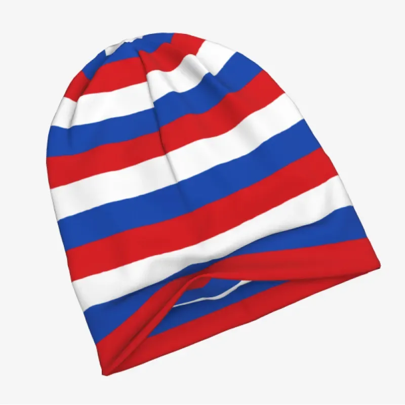 Knitted Tam Beanie - Flag Letter Pattern, Double Elastic, Adult and Child — Red White and Blue Stripes, Adult Size