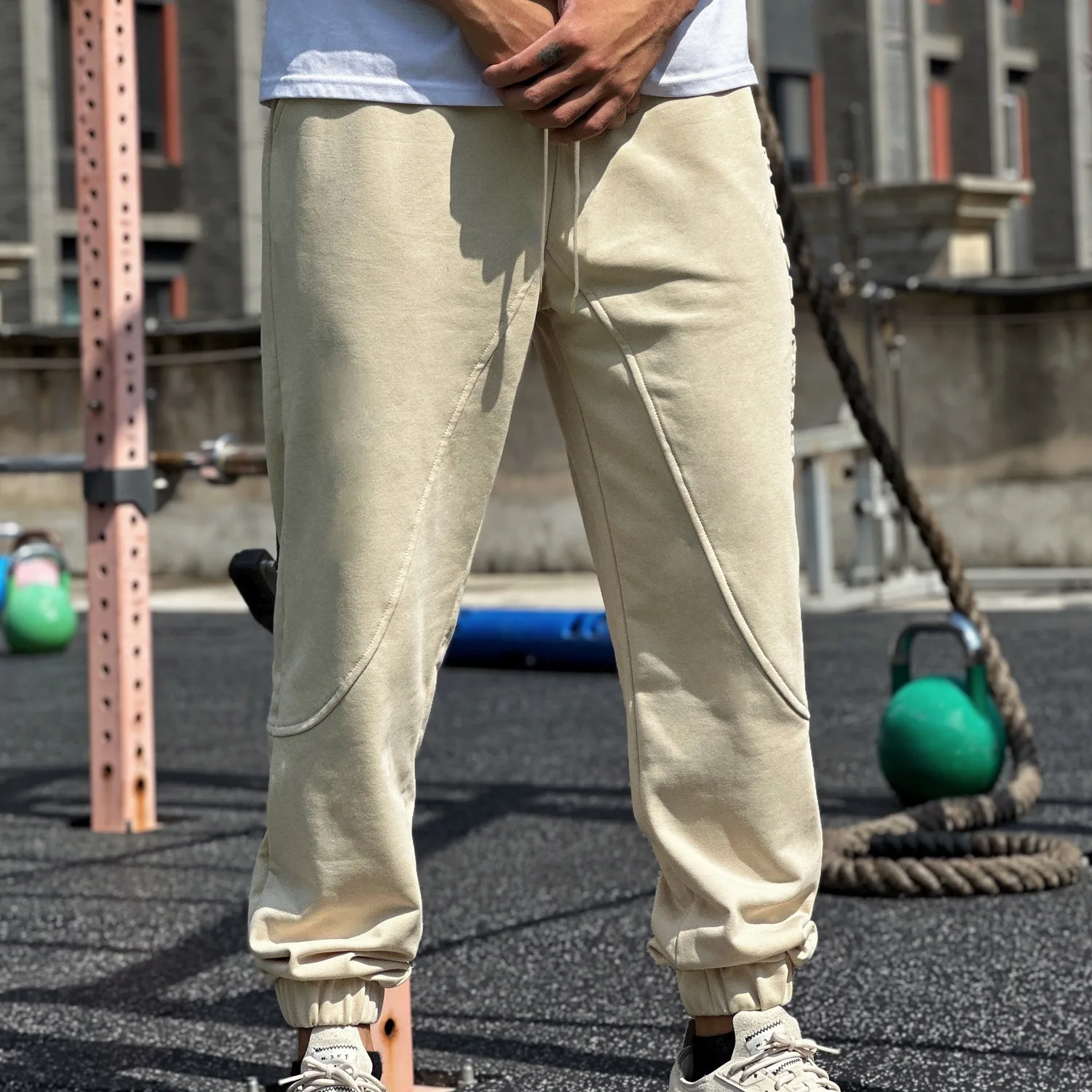 Ankle Banded Pants Men's Drawstring Training Loose Track Pants — Beige, L