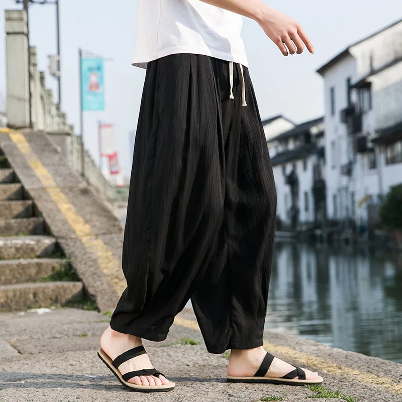 Men's Loose Linen-Blend Trousers - Viscose, Ankle Strap, M to 5XL — Black, M