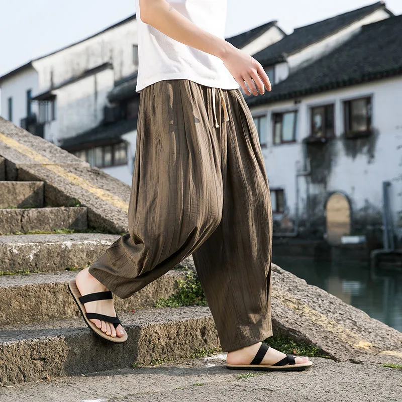 Men's Loose Linen-Blend Trousers - Viscose, Ankle Strap, M to 5XL