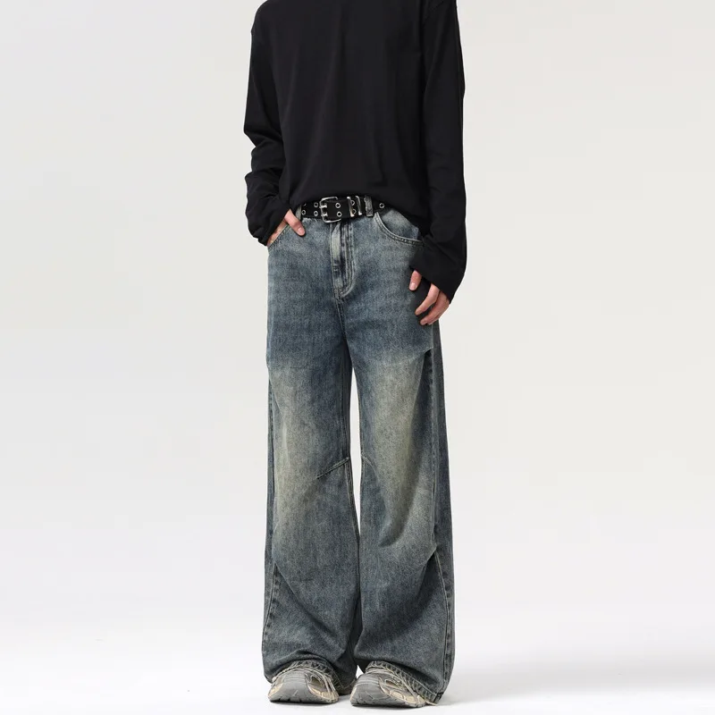 Men's Retro Straight Jeans with Deconstructive Design