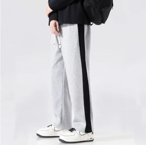 Men's Japanese Trendy Color Matching Straight Student Loose Drooping Casual Wide-leg Pants — Light Grey, M