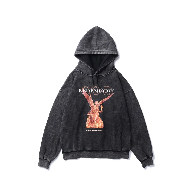 Men's Batik Washed Hoodie - Half Cotton Pullover, Black Grey or White — Grey, M