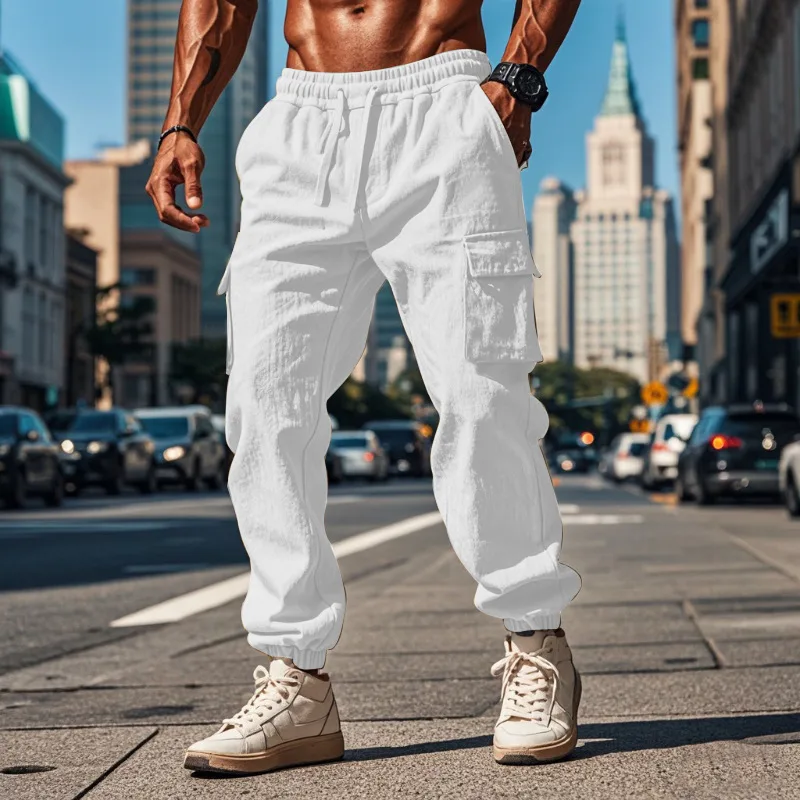 Men's Cotton and Linen Trousers with Multiple Pockets — White, S