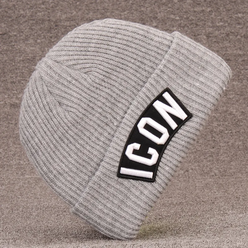 Wool Beanie Hat - Letter Pattern, Windproof, Unisex One Size — Grey