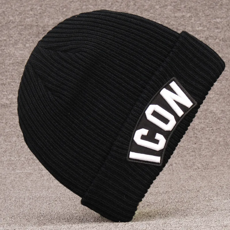 Wool Beanie Hat - Letter Pattern, Windproof, Unisex One Size — Black