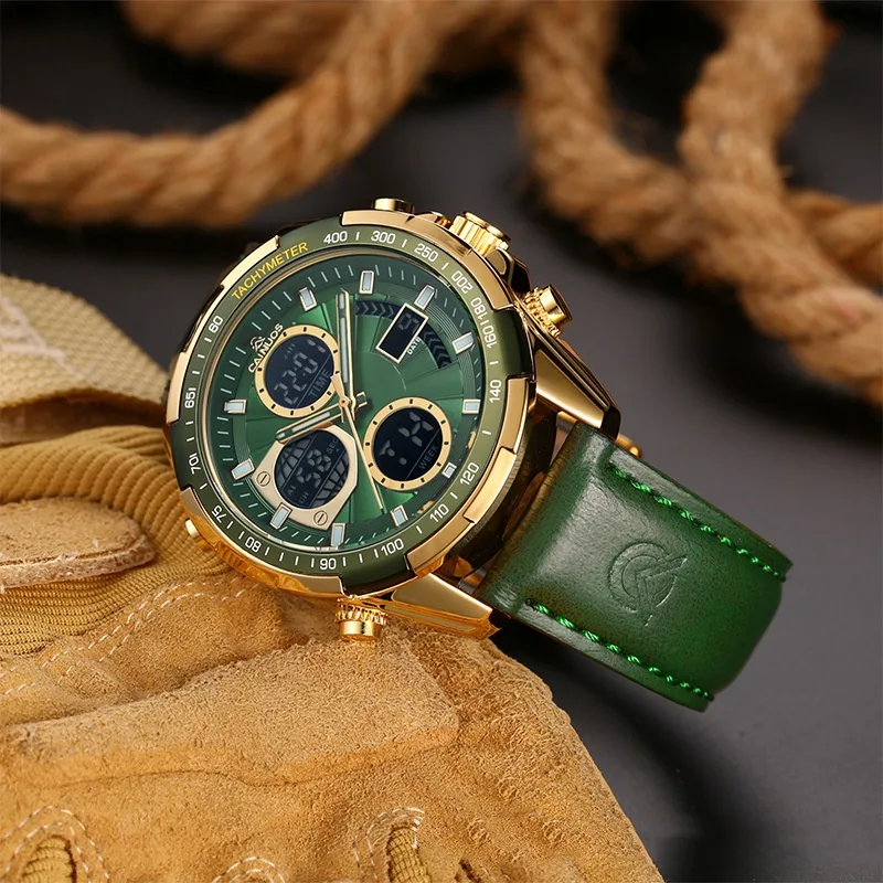 Men's Quartz Watch - Luminous Multifunction, Leather Strap, Water Resistant — Golden Green
