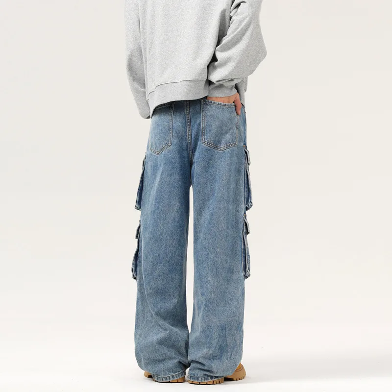 Men's Retro Washed Jeans - Multi-Pocket Straight Leg Denim