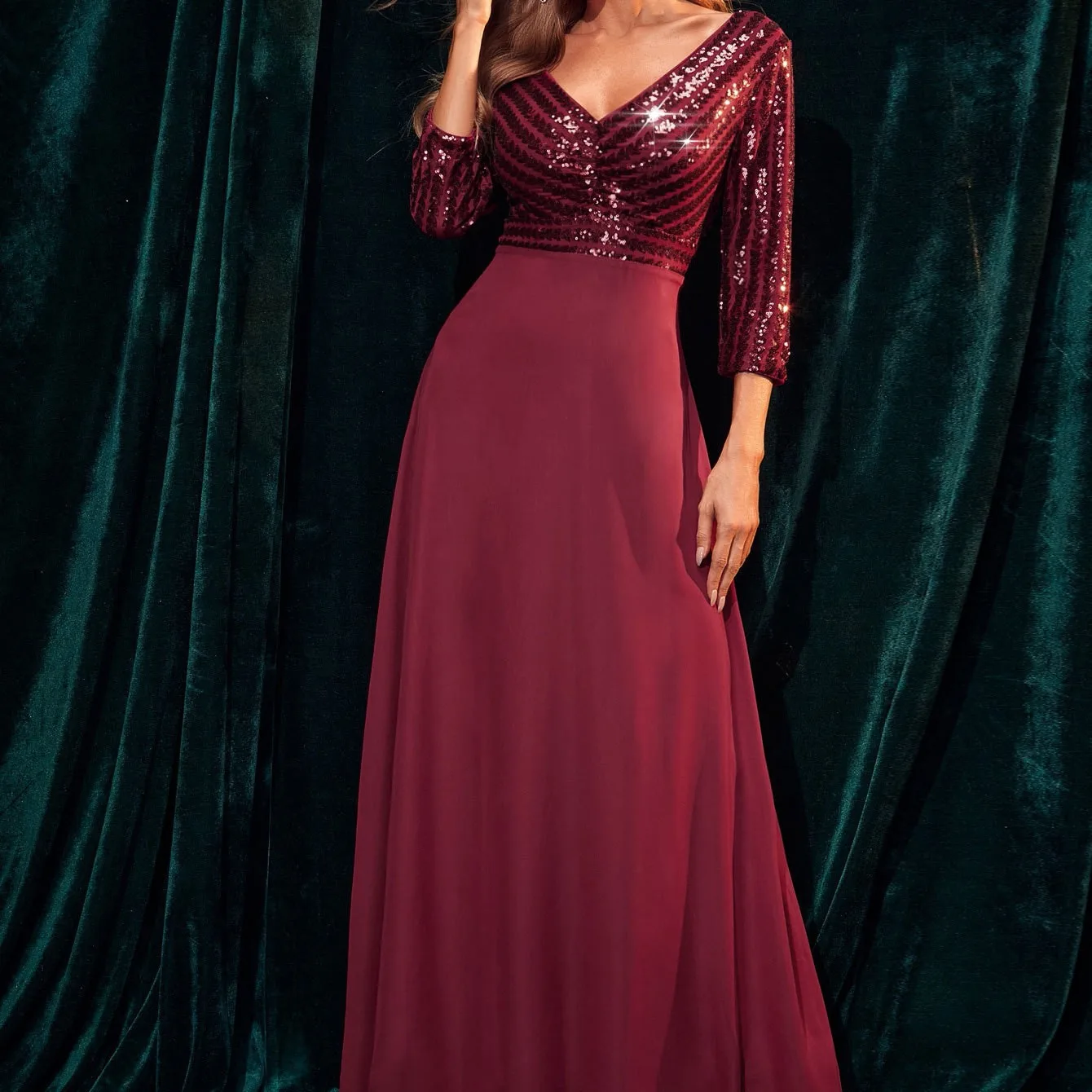 Women's Sequin Patchwork Party Dress - V-Neck Chiffon, S to XL — Wine Red, S