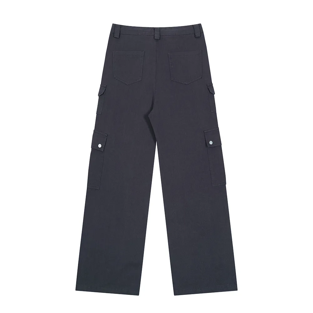 Solid Color Loose Multi-pocket Workwear Straight-leg Trousers