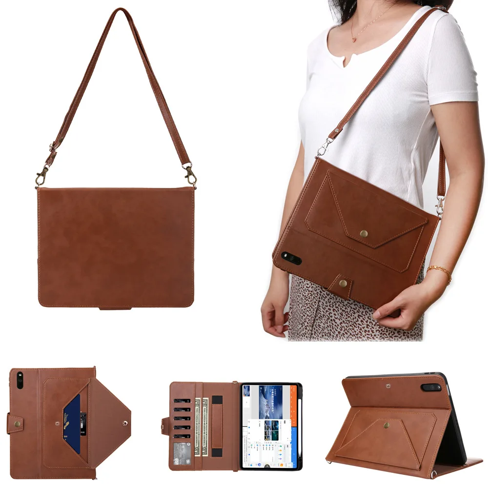 Tablet Sleeve Wallet - Faux Leather Zip Case with Shoulder Strap and Pen Slot