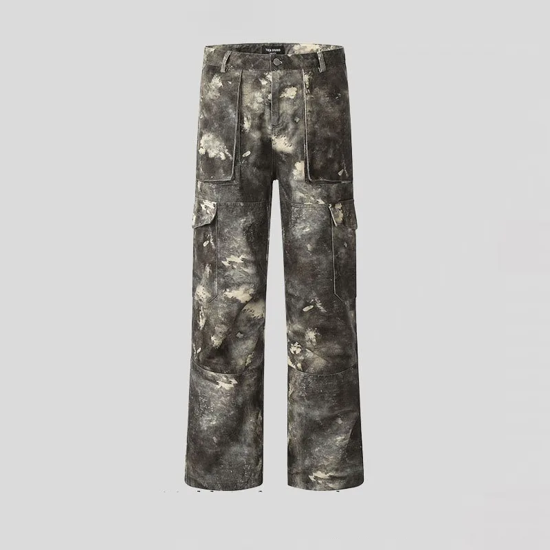 American High Street Multi-pocket Dirty Dyed Moss Camouflage Cargo Pants Men and Women