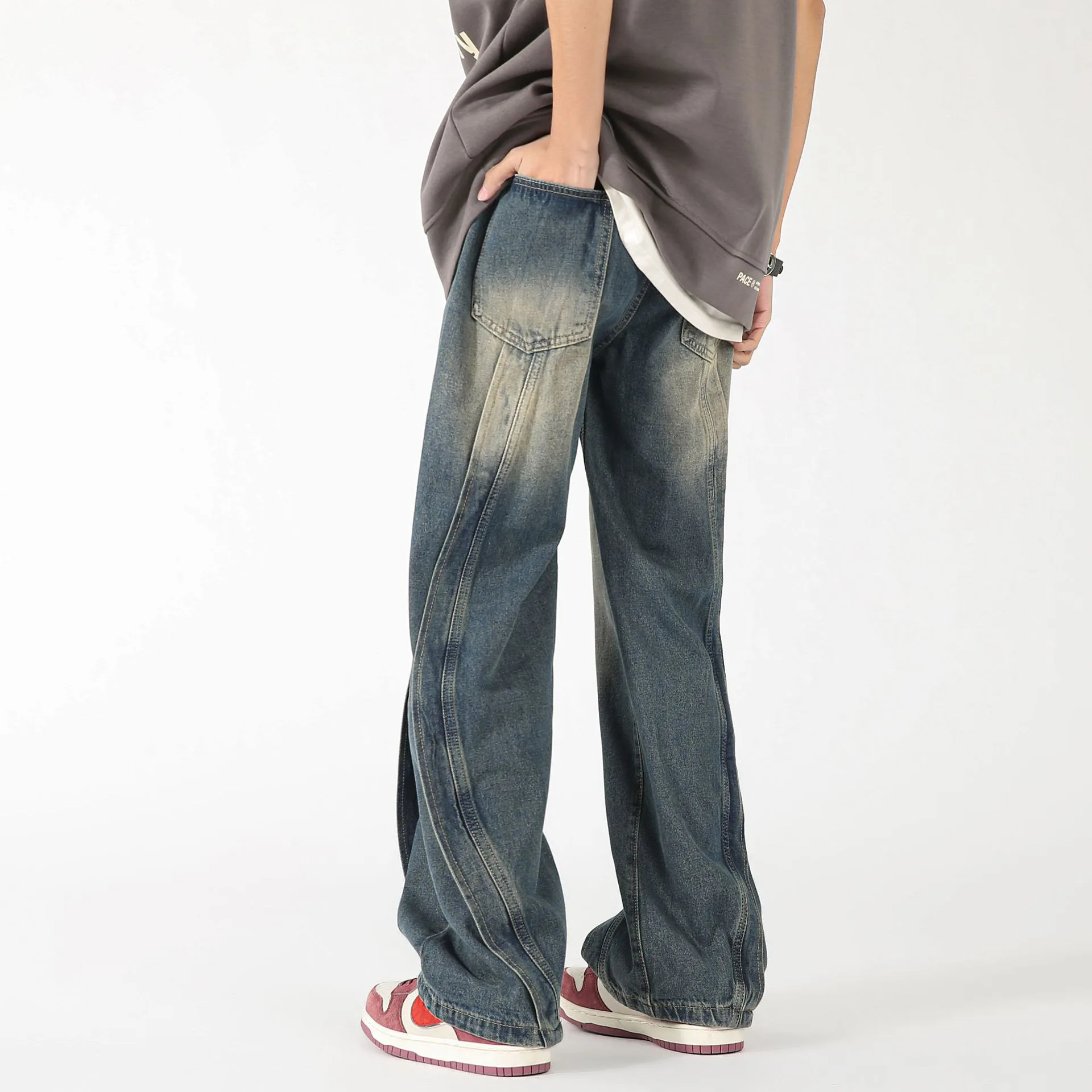Men's Stitched Straight-Leg Jeans - Cotton Denim, Black or Blue