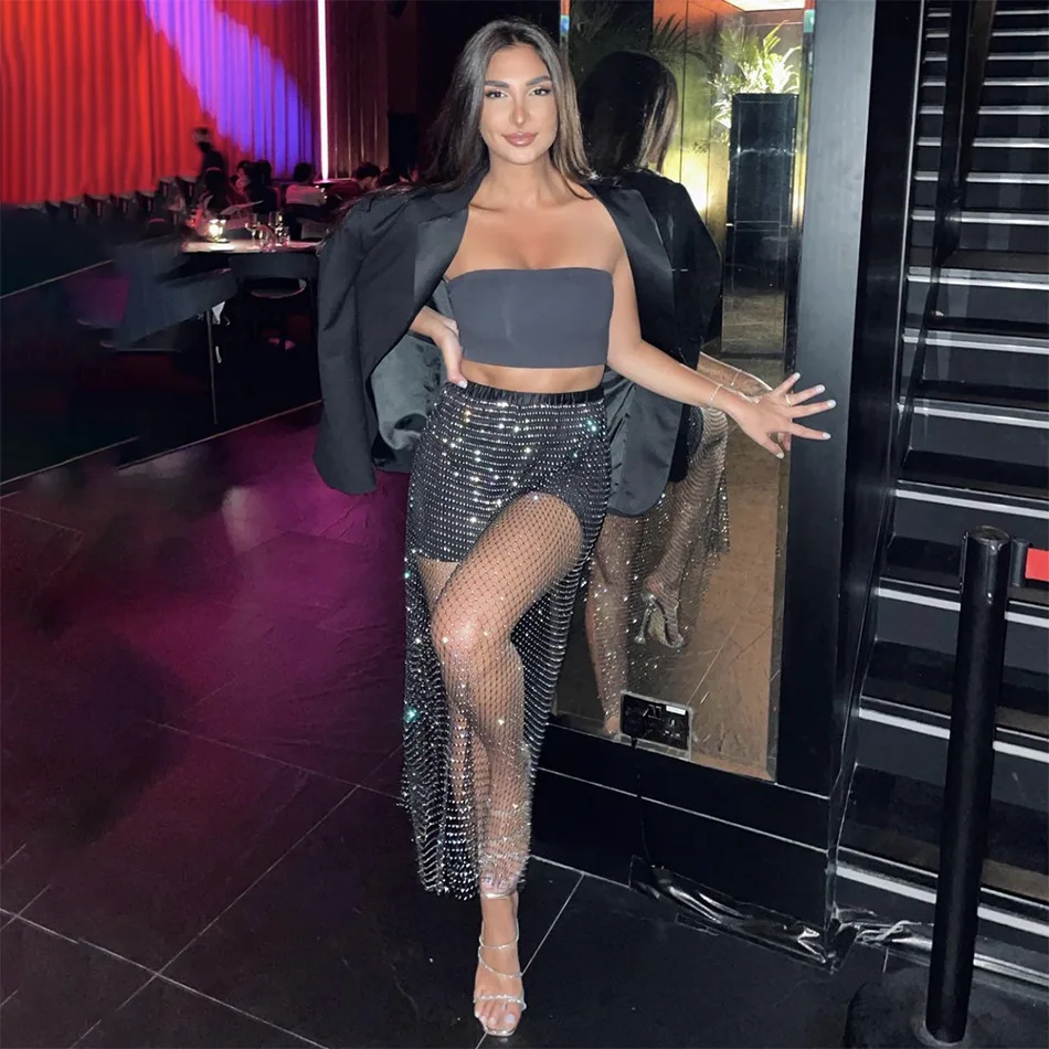 Women's Rhinestone Fishnet Long Skirt - Hollow Viscose, 89 cm