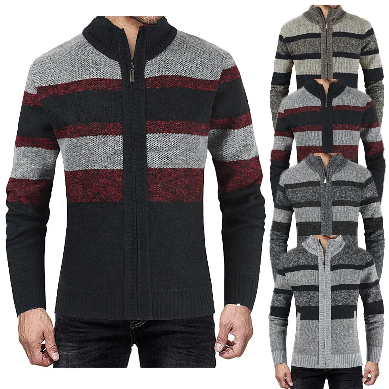Men's Knitted Cardigan Jacket - Stand Collar, Fleece-Lined, M to 3XL