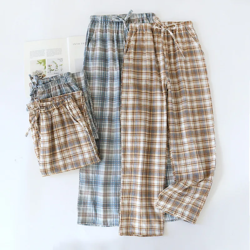 Cotton Gauze Thin Loose Plaid Pajama Pants