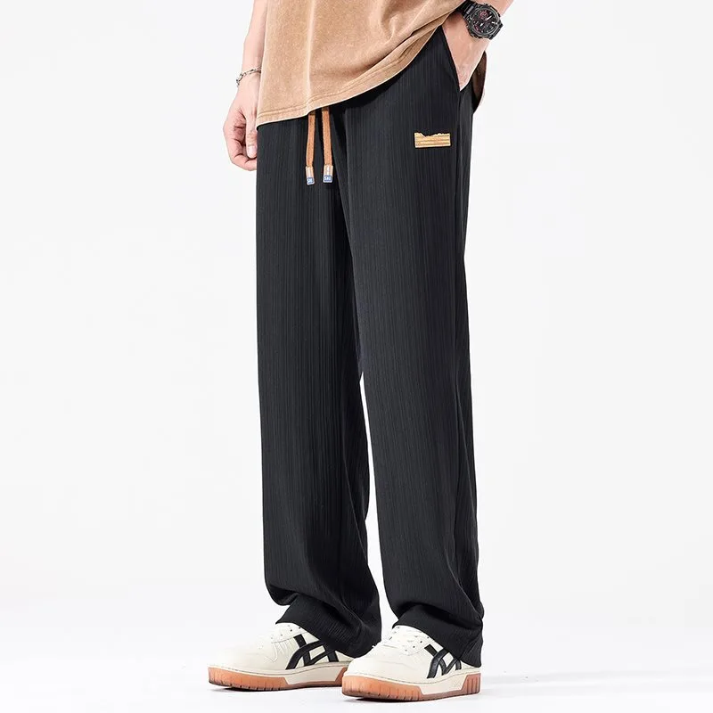 Summer Ice Silk Thin Loose Straight Casual Pants — Black, XL