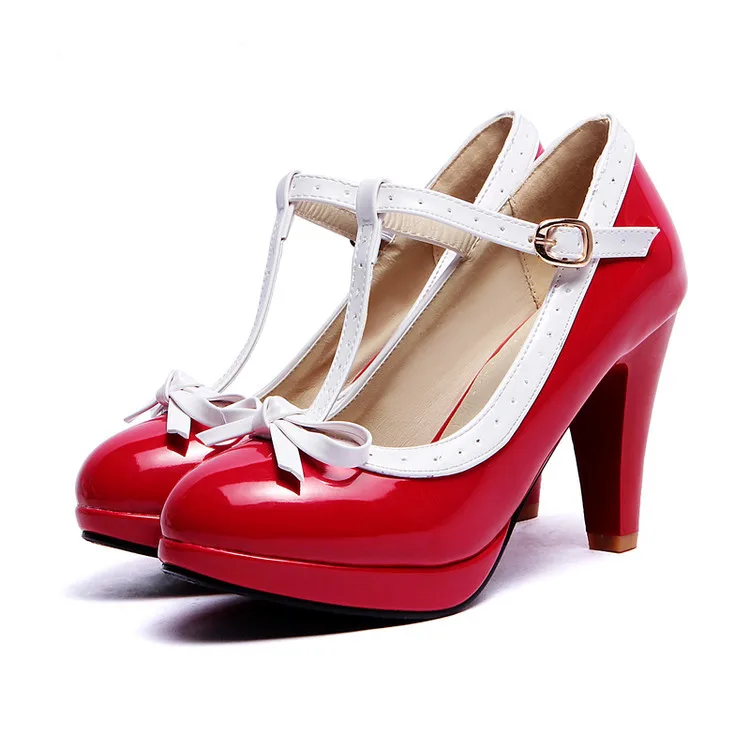 Women's Bow Block-Heel Shoes - Buckle Strap, Rubber Sole, Sizes 34 to 39