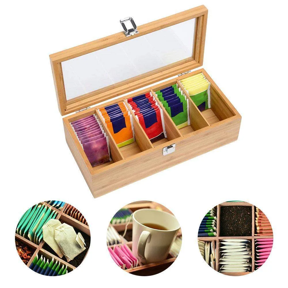 Bamboo Storage Box - Compartment Organiser for Tea Bags and Jewellery