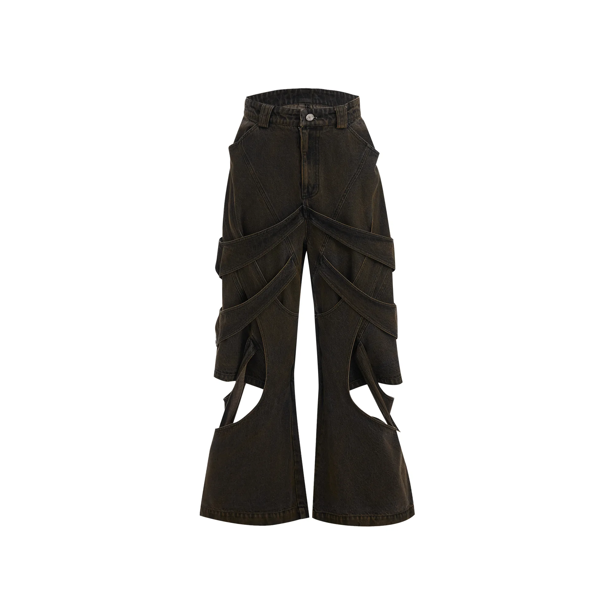 Three-dimensional Winding Worn Looking Washed-out Hollow Jeans — black, XL