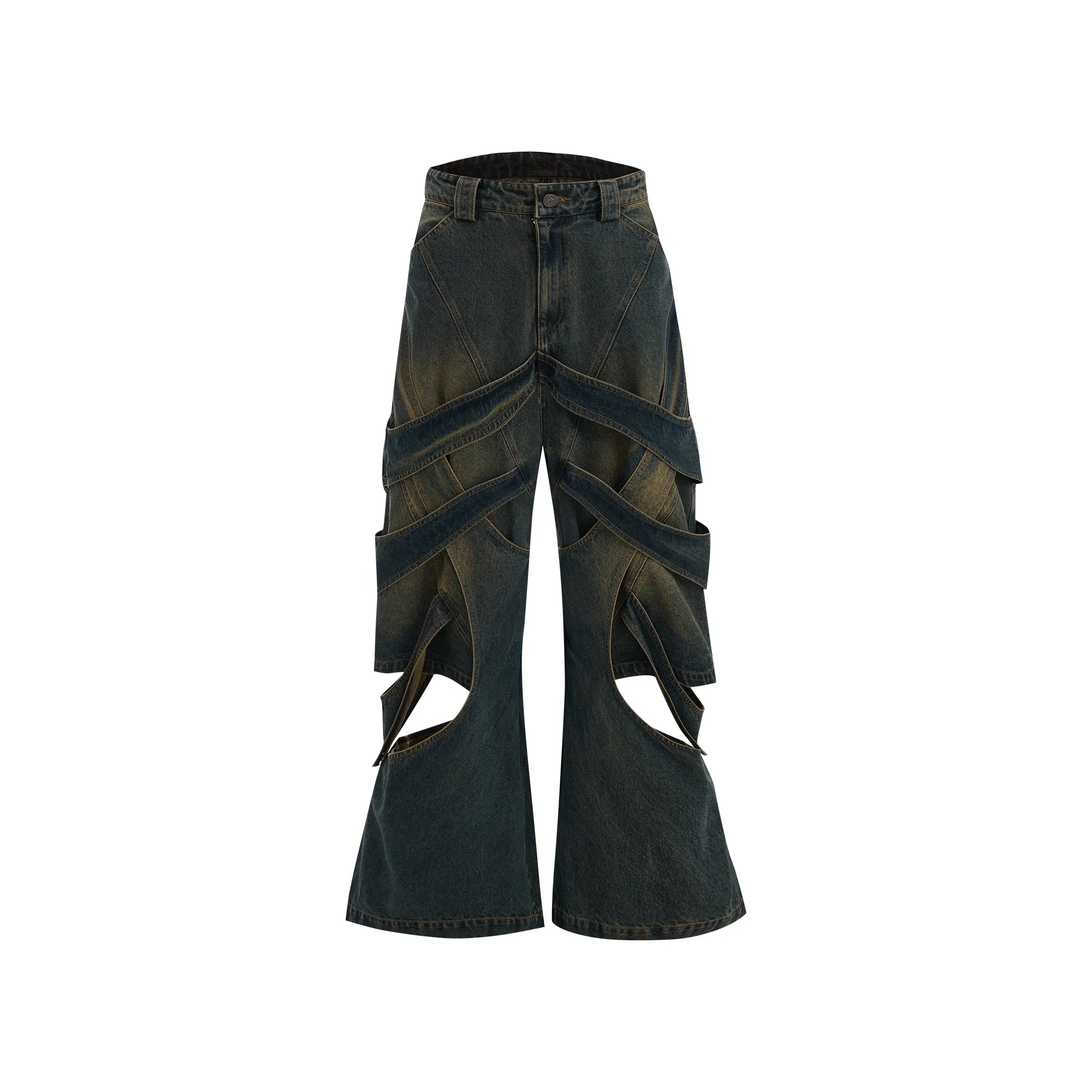 Three-dimensional Winding Worn Looking Washed-out Hollow Jeans — blue, M
