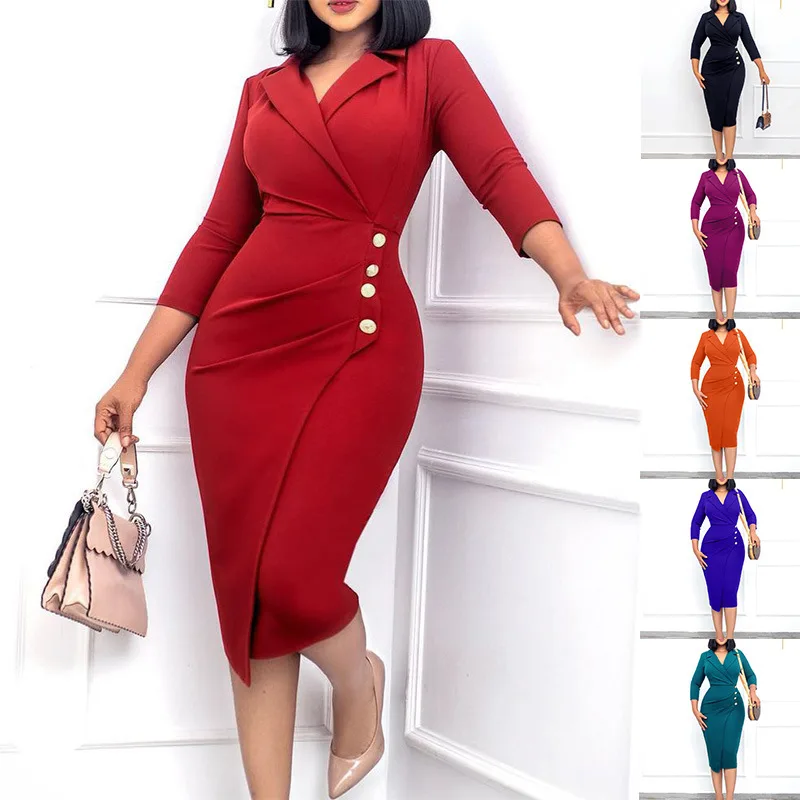 Women's Suit Collar Button Dress - Polyester, Solid Colour, S to L