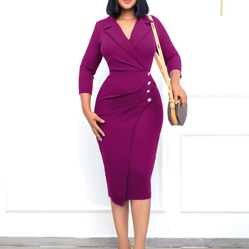 Women's Suit Collar Button Dress - Polyester, Solid Colour, S to L — Purple, S